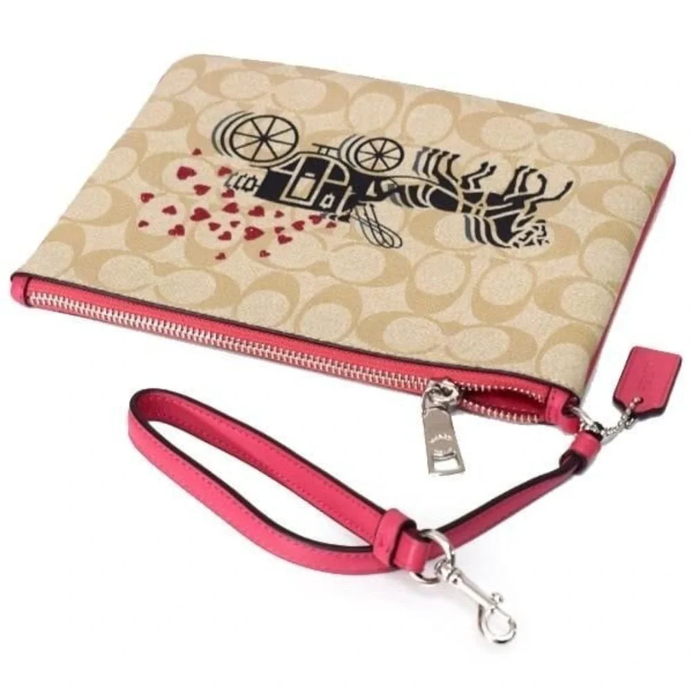 Coach Gallery Pouch In Signature Canvas With Horse And Carriage Hearts Motif NEW
